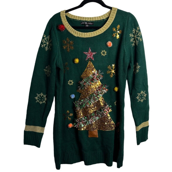 Ugly Christmas Sweater Holiday Tunic Sweater L Green Gold Sparkle Tree Women - Picture 1 of 8